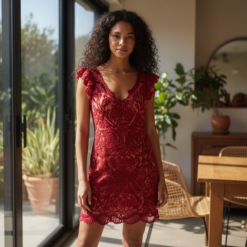 Whimsygoth Red Embroidered Mesh Lace Dress Baroque Vampire‎ Romantic Holiday S/M